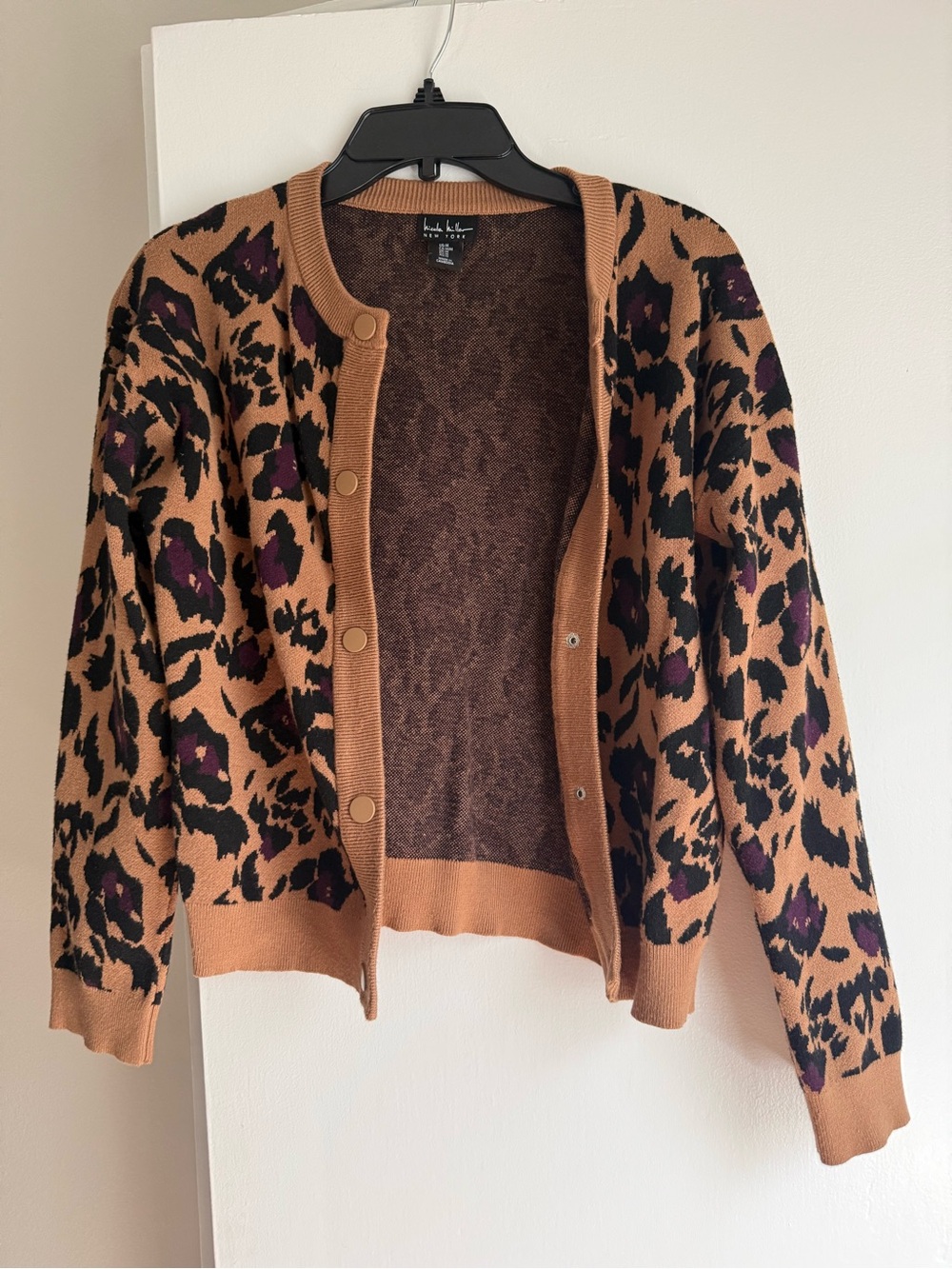 Nicole Miller Camel Leopard Cardigan with Black & Purple Accents